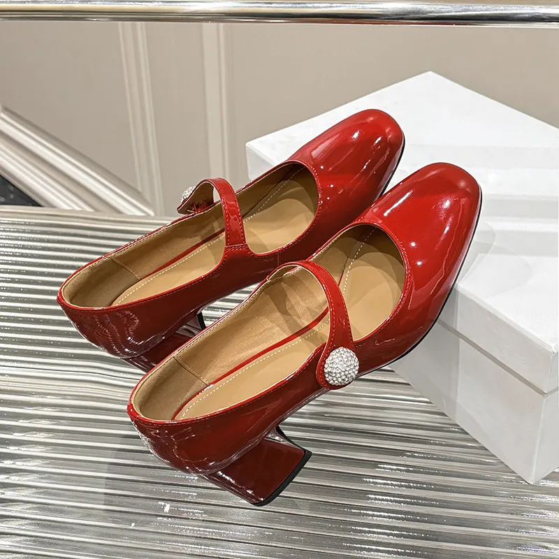 

MKKHOU Fashion Pumps New High Quality Genuine Leather High Heels Mary Janes Shoes Crystal Buckle Red Shoes Women's Shoes