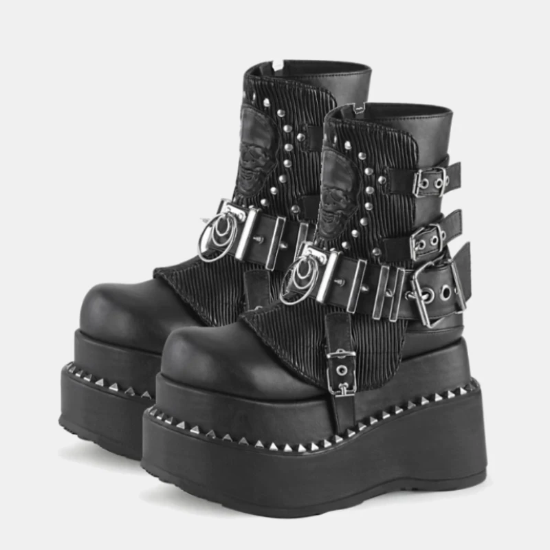 2025 New Punk Style Women Mid Boots Rivet Belt Buckle Wedges Platform Fashion Boots Black Leather Winter 8Cm Heel Shoes Boots