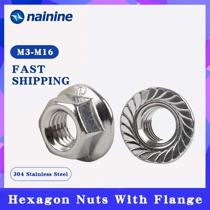 DIN6923 304 Stainless Steel Hexagon Flange Nuts Pinking Slip Locking Lock Nut M3-M20