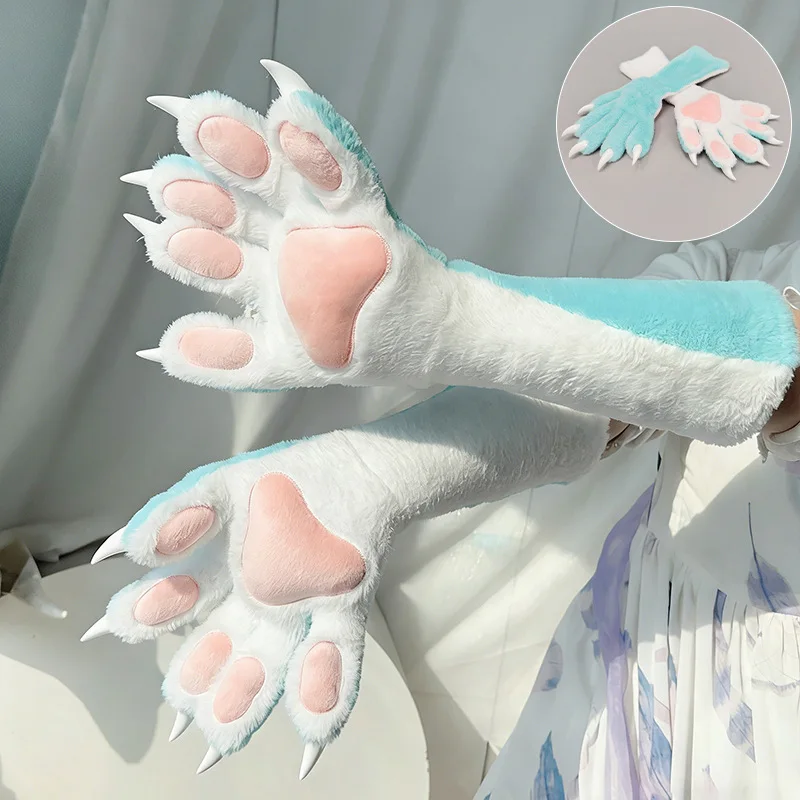 Anime Animal Paw Gloves 5 Finger Furry Claw Mittens Cute Plush Pads Resin Nails Cosplay Fursuit Paws Kig Accessories 6 Colors - view 6
