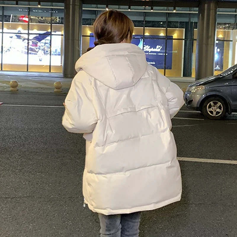 Winter Solid Women Warm Hooded Puffer Coat Casual Loose Zipper Down Cotton Parkas for Female Loose Outwear Cotton Padded Jacket