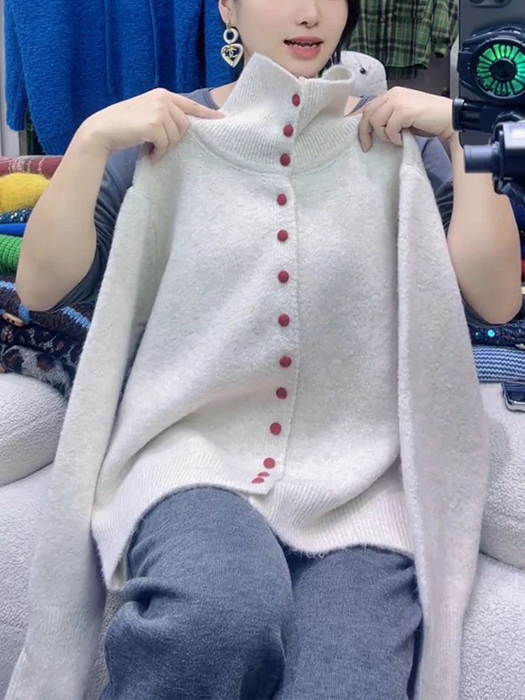 

European Faion Thiened High Collar Single Button Knitted Open Cardigan Autumn Meat Concealing High End Outerwear