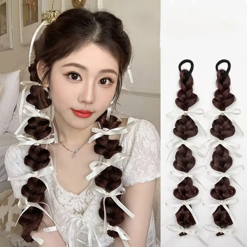 

Wig Lady Ribbon Braided Bubble Cinnamon Braid Ombre Lantern Braid Double Pigtails Synthetic Fake Hair Accessories