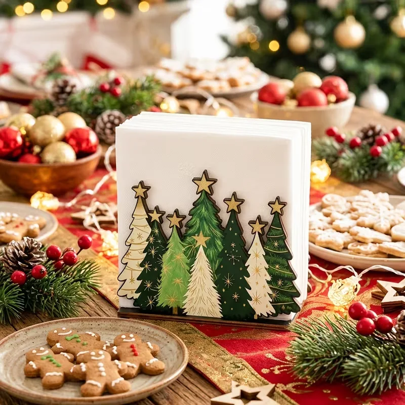 Christmas Wooden Napkin Holder Pine Tree Decorative Wood Napkin Clip for Holiday Tabletop Dining Table Party Decoration