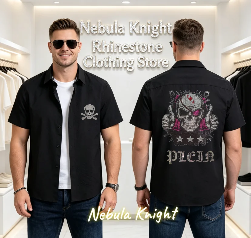 Men's Hip Hop Short Sleeve Shirt Streetwear Luxury Rhinestone Bling European Summer Casual Fashion Top Male Tee