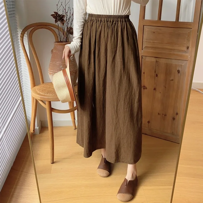 

Johnature New Japanese Striped Women A-Line Cotton Linen Skirts 2024 Spring Vintage All Match Elastic Waist Pockets Skirts