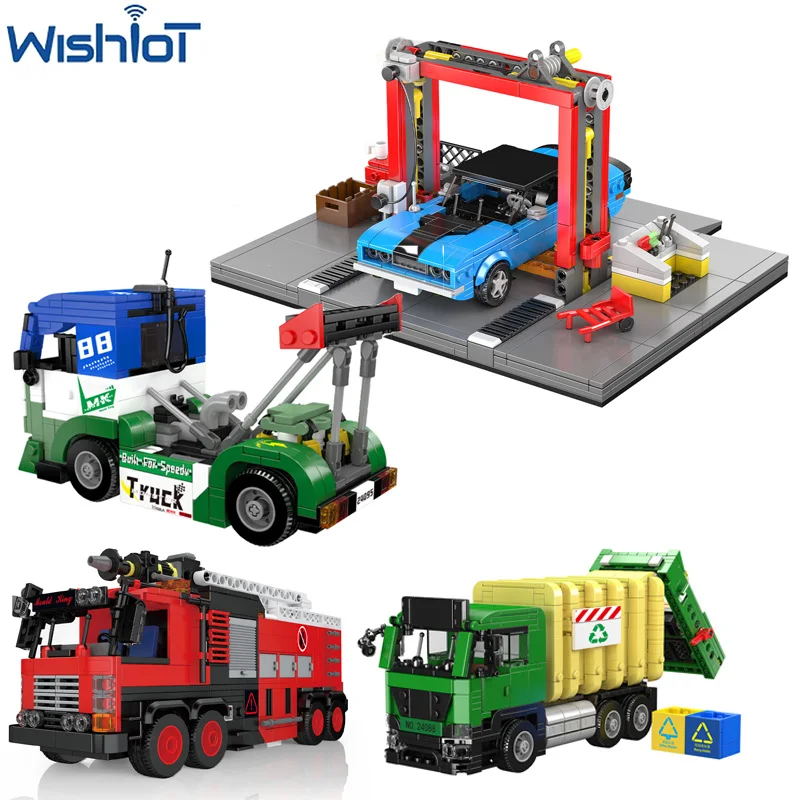 Moc caminhão/caminhão de bombeiros/caminhão de lixo/loja de reparos modelo blocos de construção educação criativa carros montados pequenos tijolos brinquedos presentes