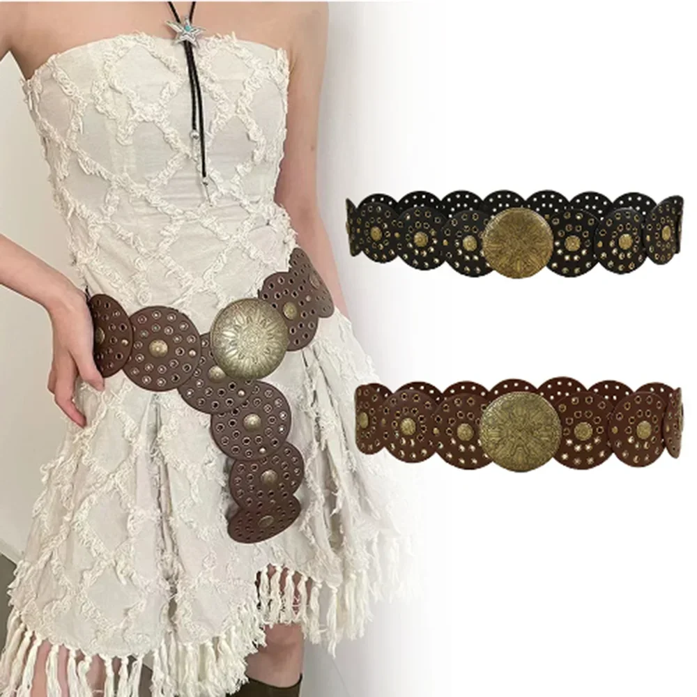 Western Cowboy Wide Golden Rivet Steampunk Circles PU Leather Waistband Vintage Large Round Buckle Waist Belt Girdle For Women