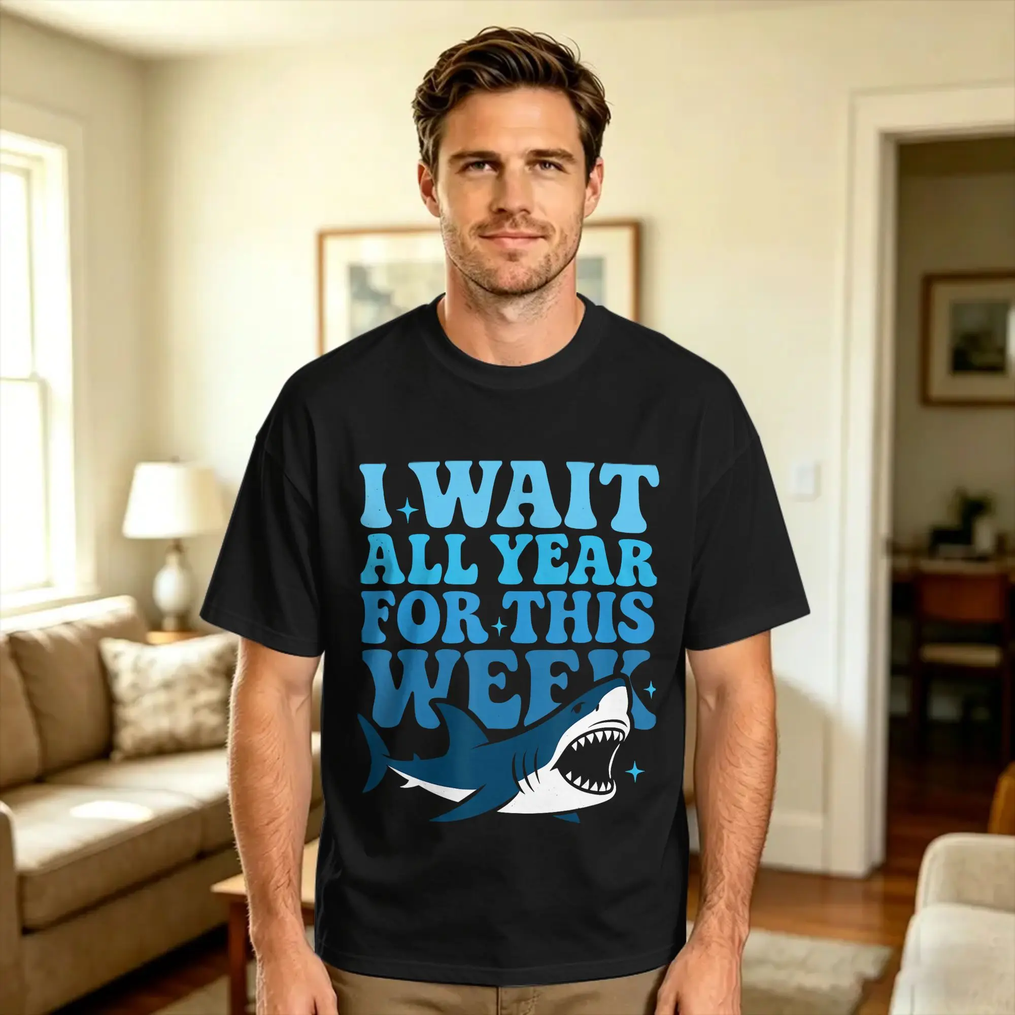 I Wait All Year For This Week Funny Shark Ocean Animal T Shirt  Hippie T Shirts Short-Sleeved Y2K Funny Tops Summer Cotton Tees