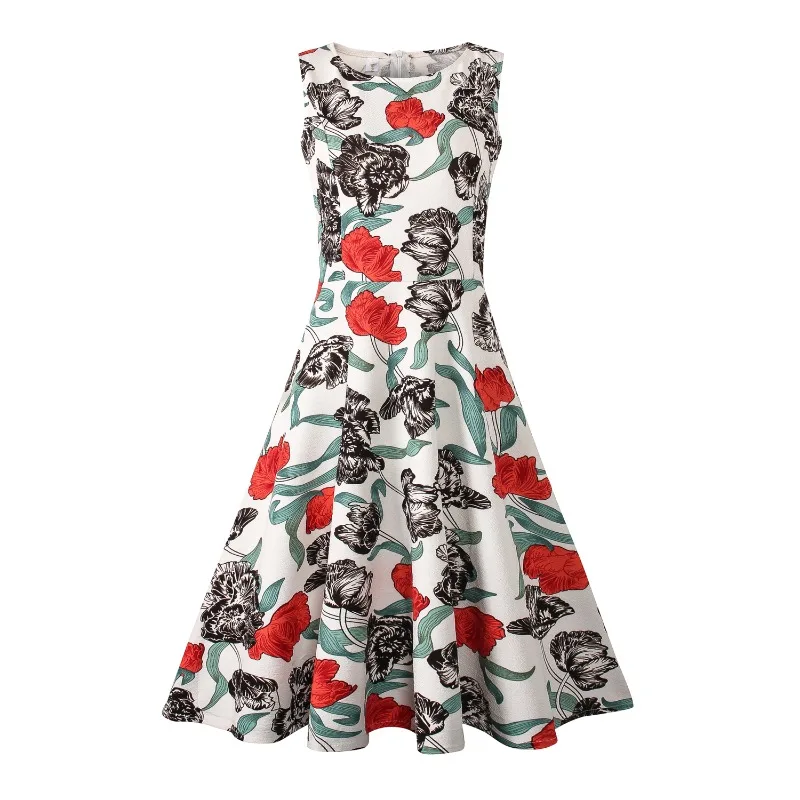 Sommer Frau Druck Ärmelloses Langes Kleid Vintage Kleid Plus Größe Casual A-Line Strand Print Kleid