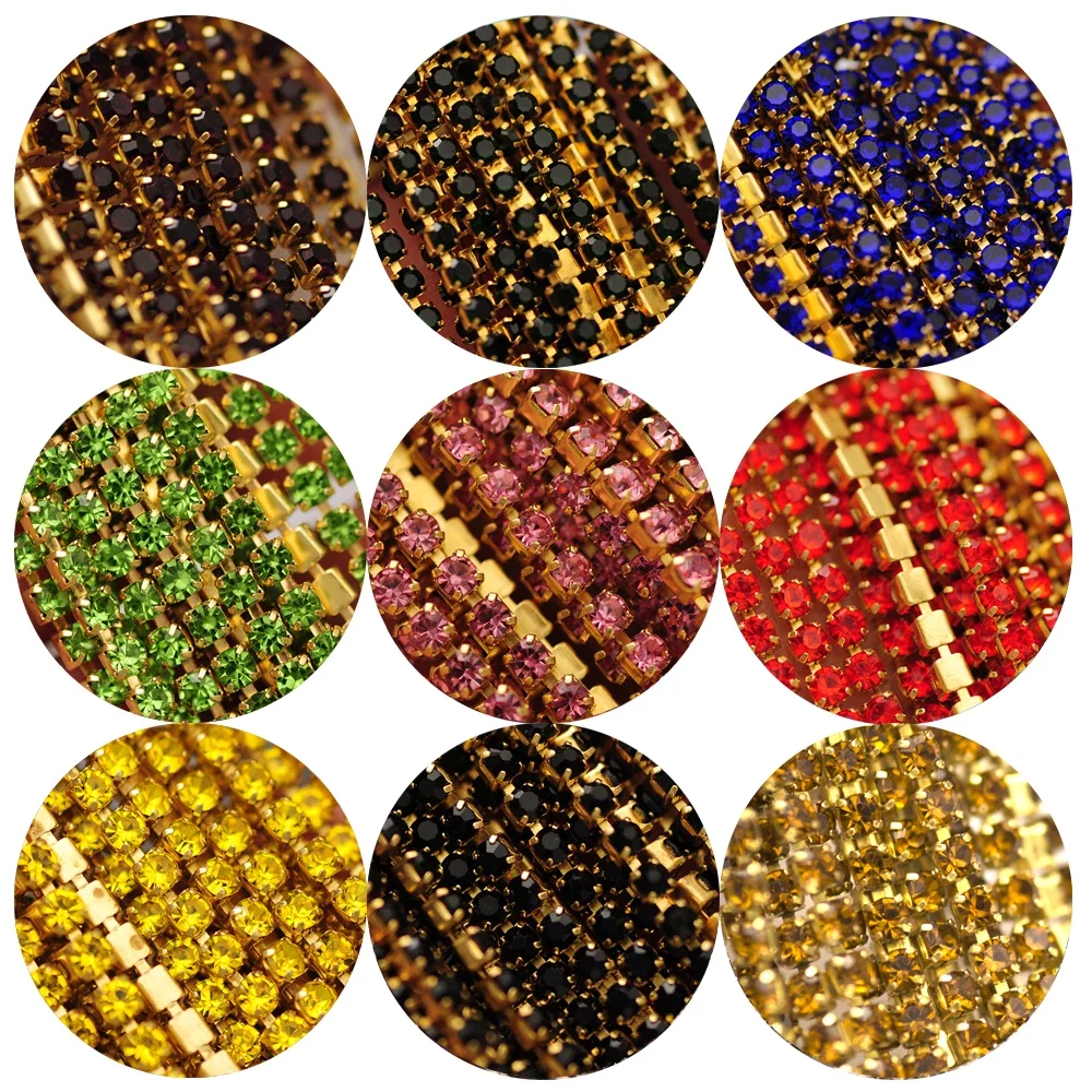 10M Glass Strass Rhinestone Cup Chain Gold Setting Base Diamond Chains Glitter Trimming Crystal Cup Chain Sew On Garment