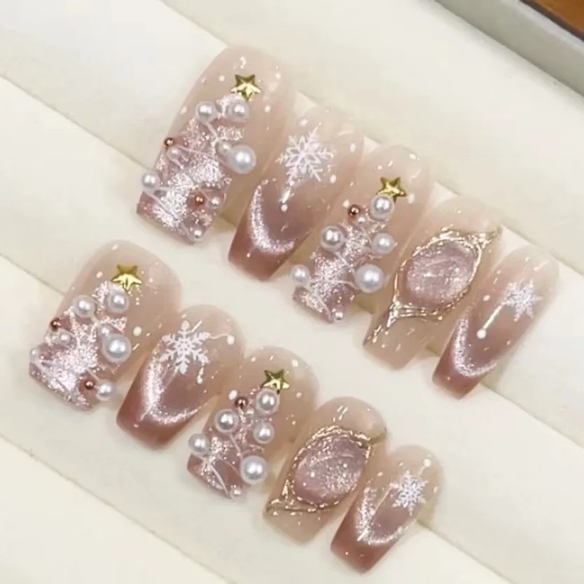 

hristmas/Xmas Handmade Square Shaped Press-On Nails - Pink Gradient Glossy with Pearls & snowflake False Nails for Women