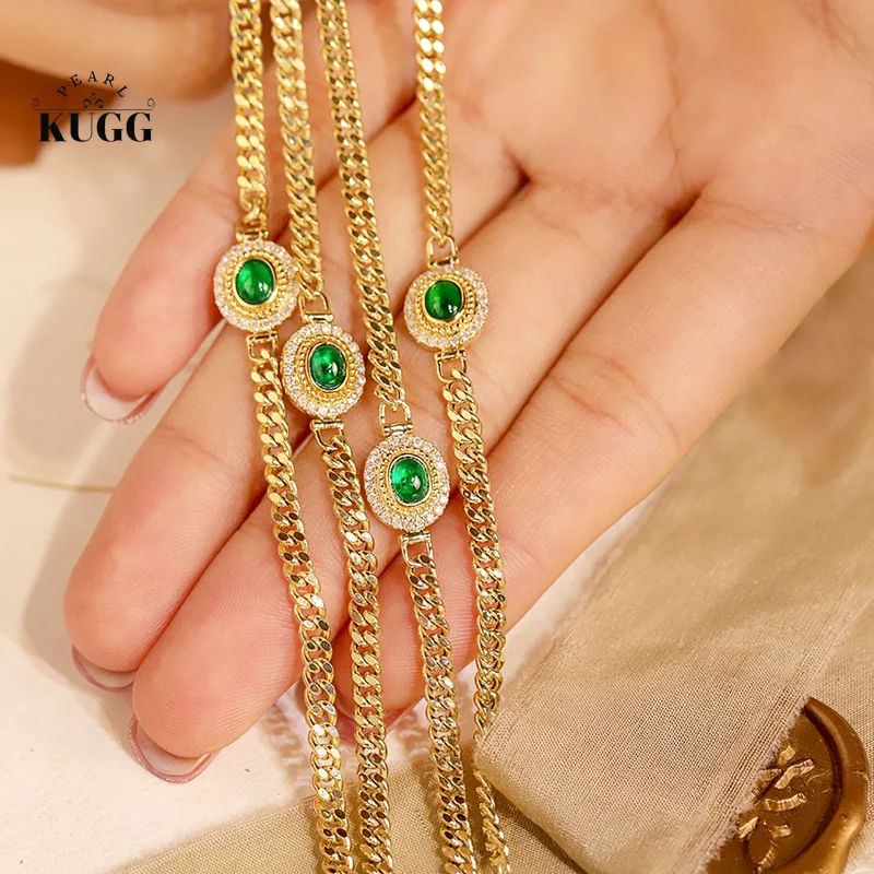 

KUGG 18K Yellow Gold Bracelet Luxury Oval Shape Real Diamond Natural Emerald Bracelet&Necklace for Women High Engagement Jewelry