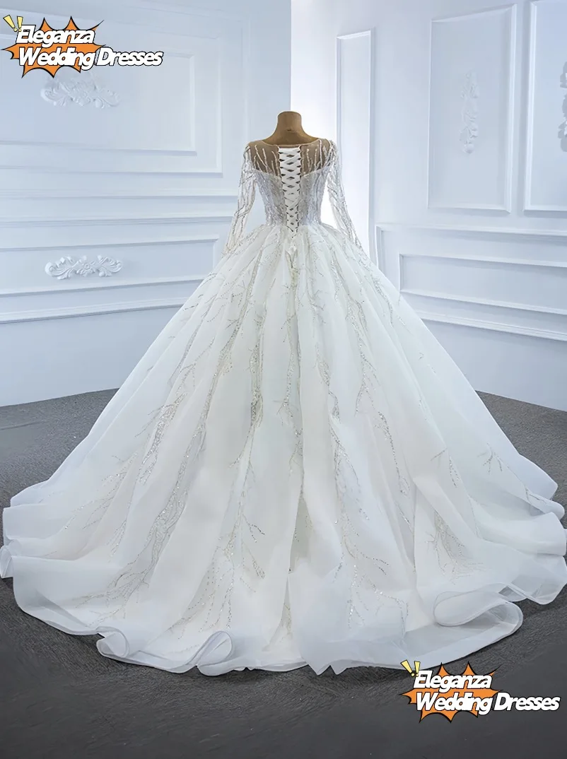 Vestido De novia personalizado De tul desnudo con escote en V, Vestido De novia con encaje brillante, cola De corte, Vestido De novia 2025