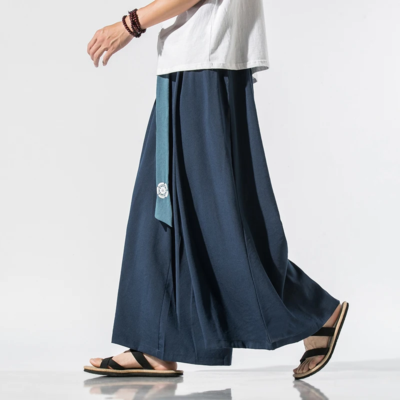 

Summer Men Wide Leg Pants Mens Cotton Linen Retro Trousers Man Chinese Style Hanfu Pants Male Big Crotch Nepal Robe Pants