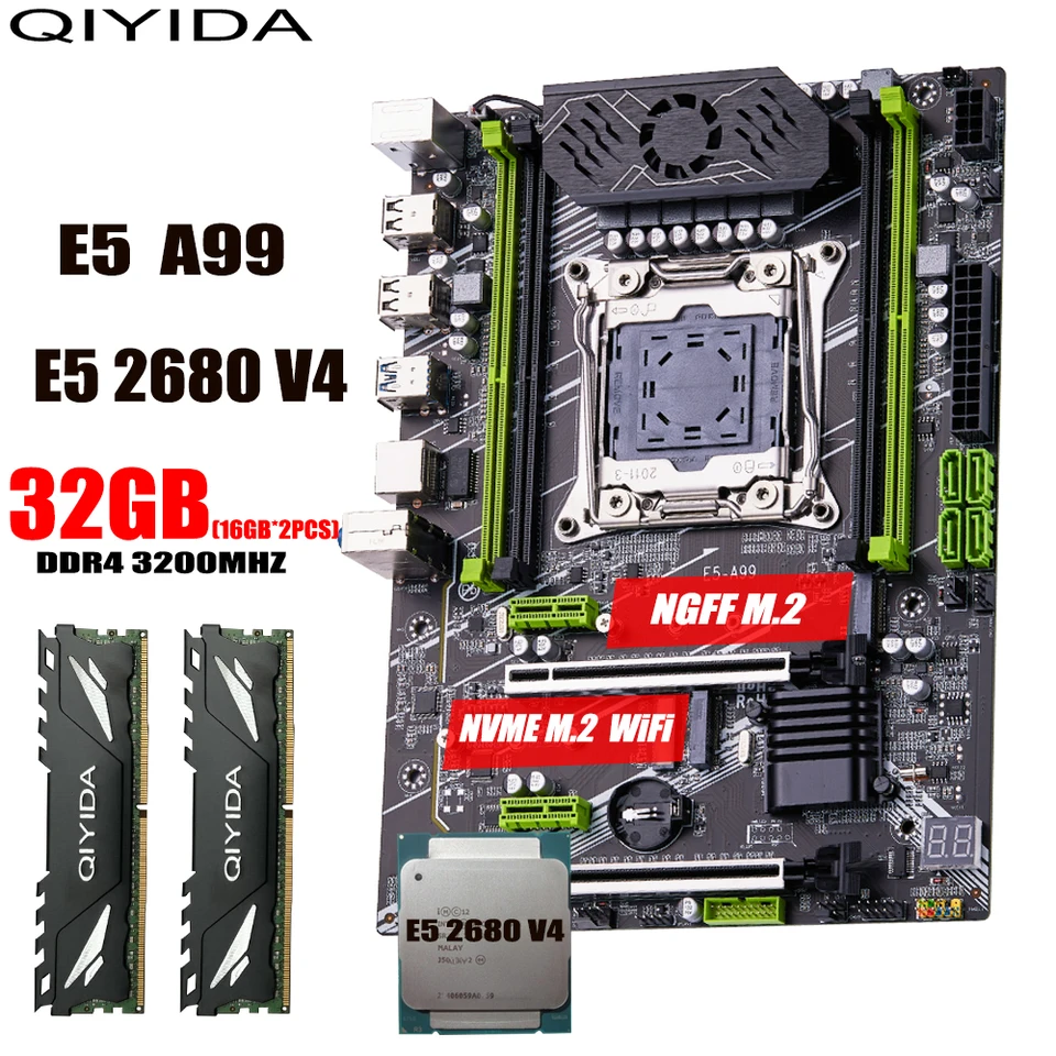 QIYIDA X99 motherboard set kit LGA2011-3 xeon E5 2680 V4 2*16GB