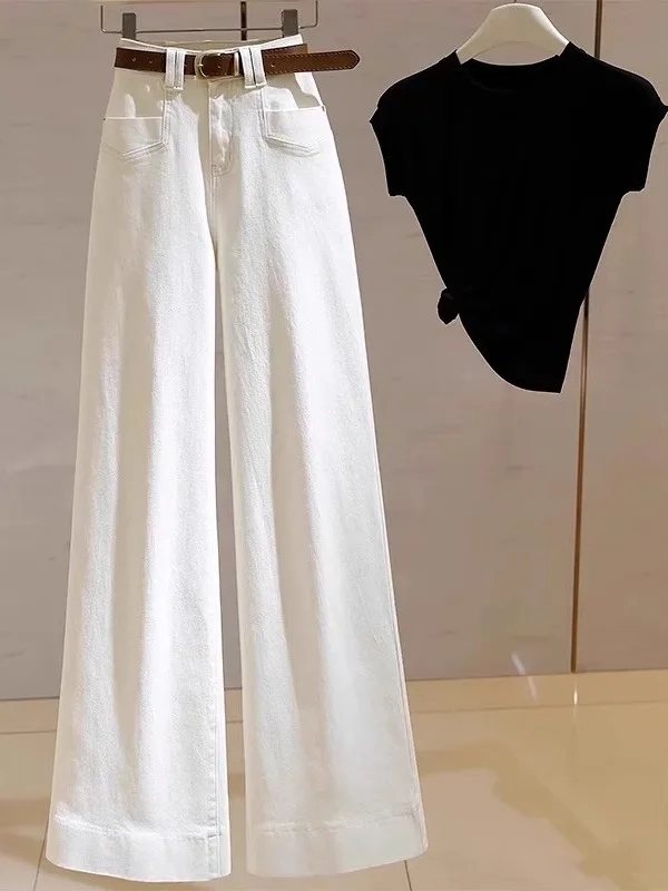 

White Flared Jeans Women Summer 2025 Loose Wide Leg Short plus Size Loose Fit Jeans High Waist Breathable Casual Jeans
