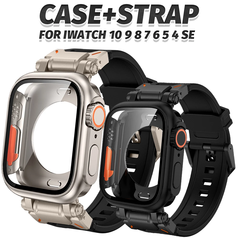 

PC Hard Fully Covered Case+Rubber Sports Band for Apple Watch Ultra 49mm 46mm 44mm 45mm Strap for IWatch Series 10 9 8 7 6 SE 5