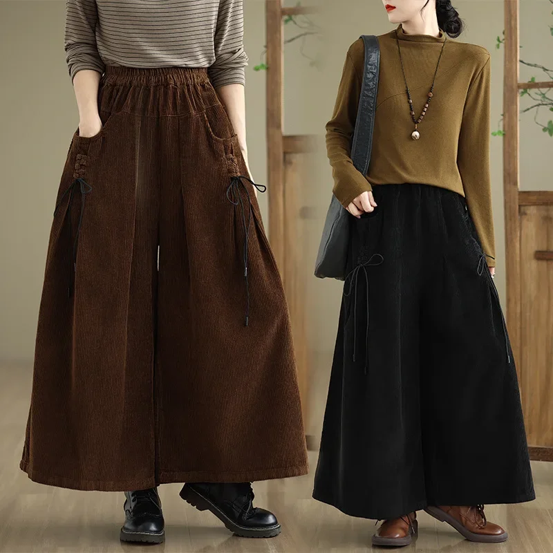 2024 Autumn New Vintage Corduroy Pocket Skirt Women's High-Waisted Slimming A- Line Skirt Medium-Length For Everyday Wear