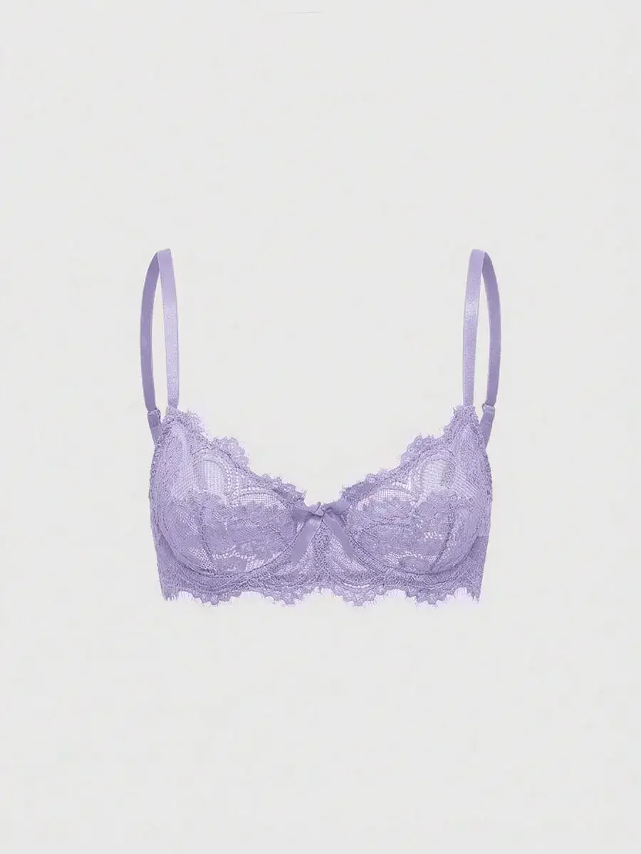 

Lavender Floral Lace Underwire Triangle Bra With Bow Detail