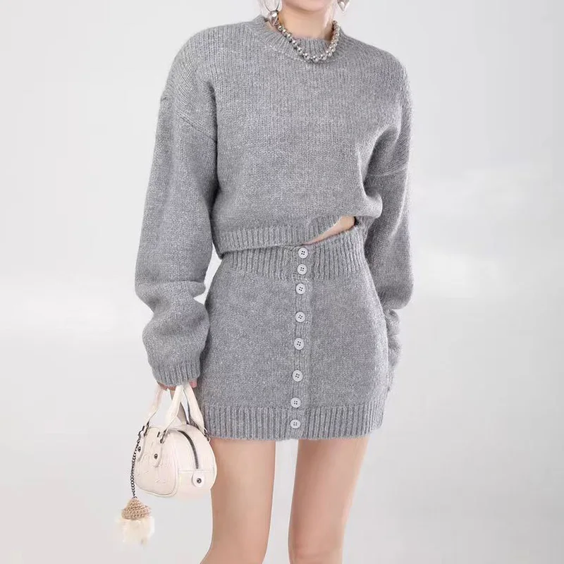 Women Sweater Skirt Suit Fashion Female O-neck Long Sleeve Pullovers+Single Buttons Knitted Bodycon Skirts Casual Sweater Sets