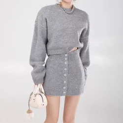 Women Sweater Skirt Suit Fashion Female O-neck Long Sleeve Pullovers+Single Buttons Knitted Bodycon Skirts Casual Sweater Sets