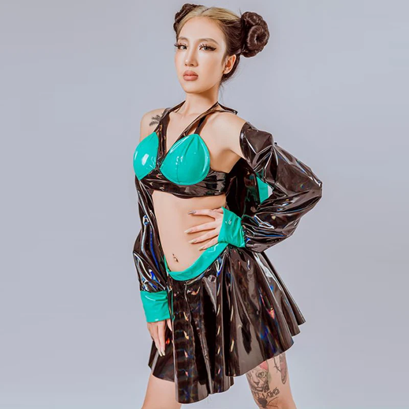 Nightclub Gogo Dancewear Pu Leather Bikini Skirt Suit Adult Women Jazz Dancing Costume Dj Ds Clubwear Party Rave Outfit