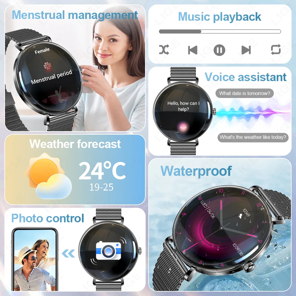 LIGE Fashion 1.43" AMOLED Ladies Smartwatch Ultra Thin Women Smart Bracelet BT Call Watch Heart Rate Menstrual Cycle Management