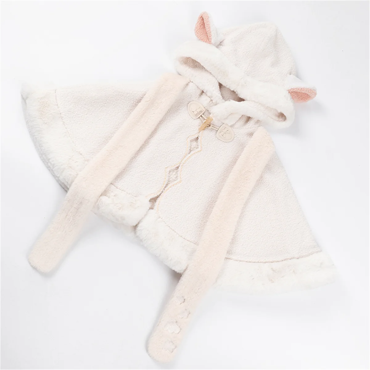 Japanese Kawaii Girls Cosplay Lolita Winter Hat Cloak White Fluffy Warm Sheep Ears Cute Cartoon Sweet Solid Color Cloak