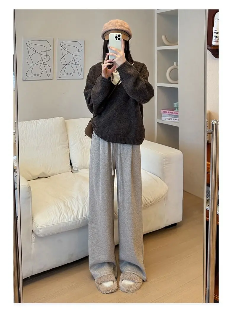 

Широкие брюки для отпуска, женские весенние двухслойные брюки против морщин в минималистском стиле в консервативном стиле, эластичные фланелевые саржевые завязки