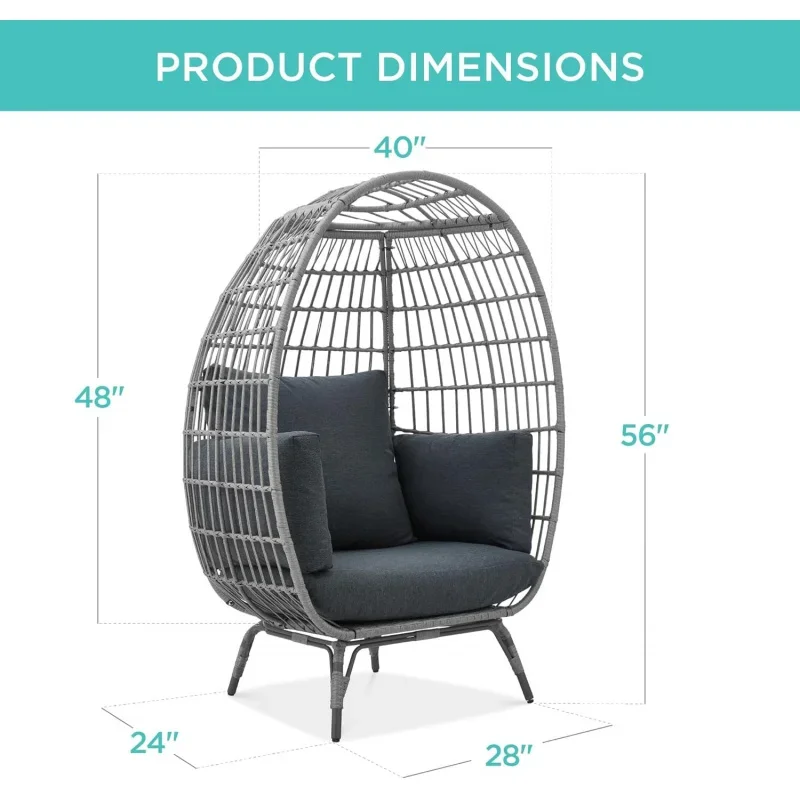 Wicker Egg Chair, Oversized Indoor Outdoor Lounger for Patio, Backyard, Living Room w/ 4 Cushions, Steel Frame, 440lb Capacity -