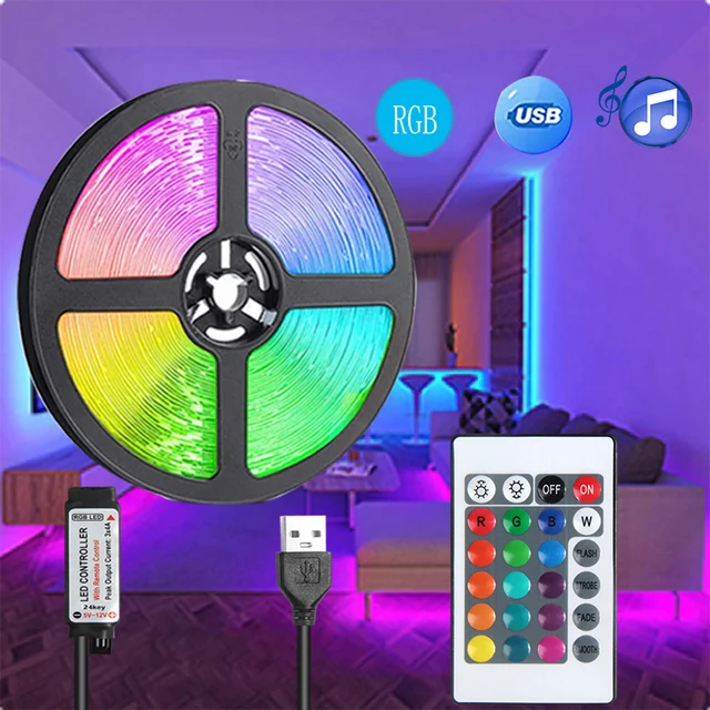 Taśma LED RGB 5V z pilotem na podczerwień USB 24 klawisze do zmiany kolorów, regulacji jasności, SMD, odpowiednia do dekoracji świątecznych.