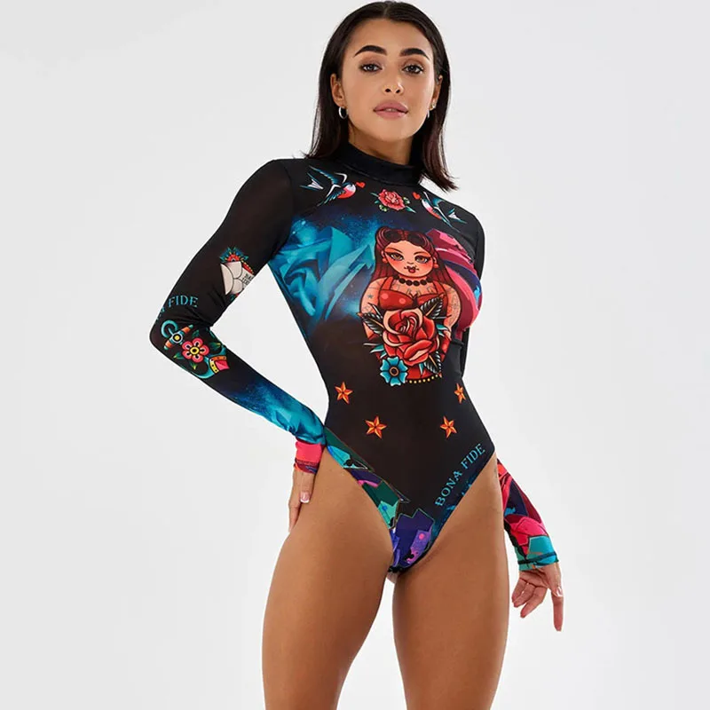 Apprabant Personalized Printed Plants And Flowers Bodysuits Long Sleeved Semi High Neck Tight Fit Spicy Girl Shapewear Bodysuit