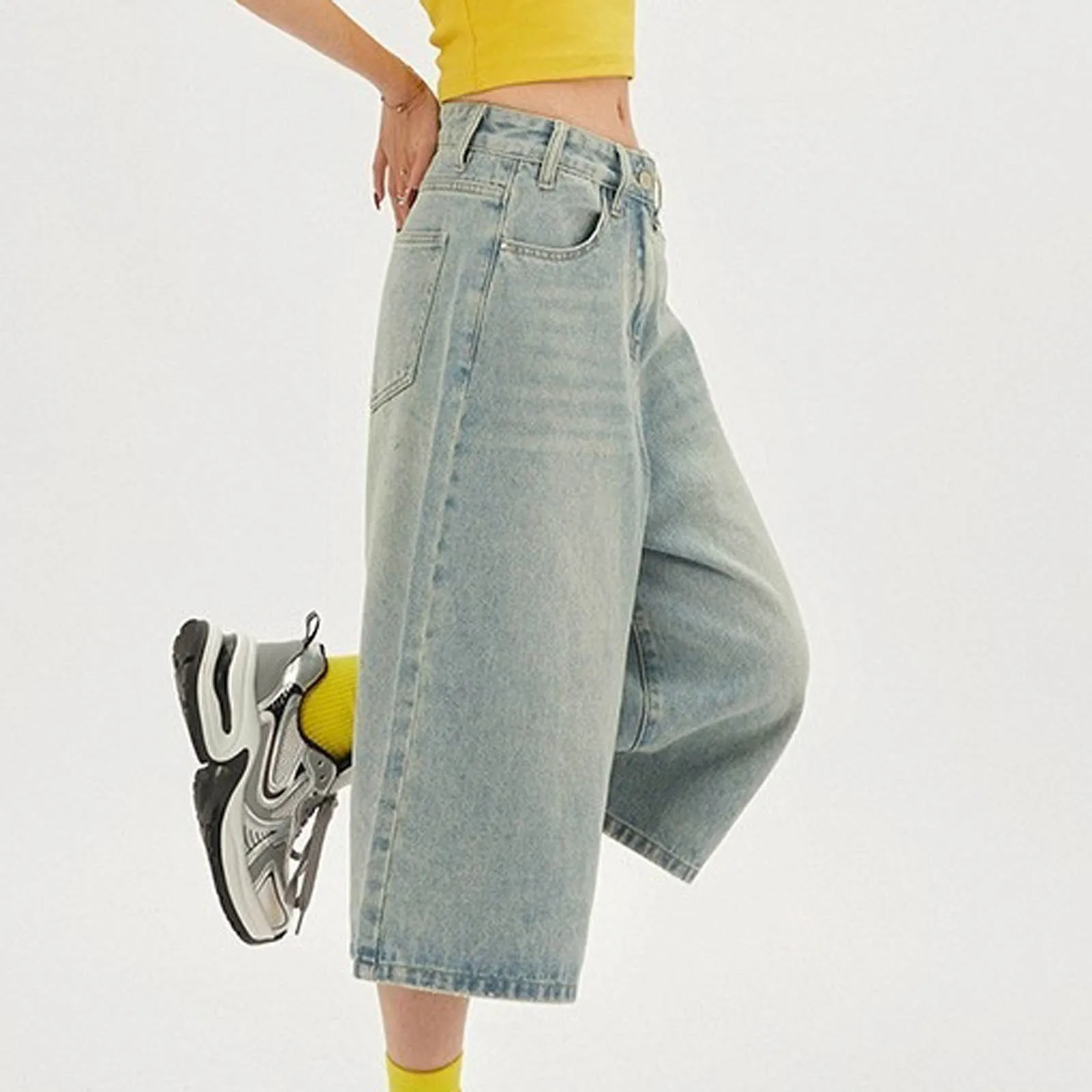 Casual Smooth Y2k Baggy Jeans Women'S 2000s Clothes Pants Street Low Rise Flared Jeans Korean Popular Seven-Point Denim Overalls