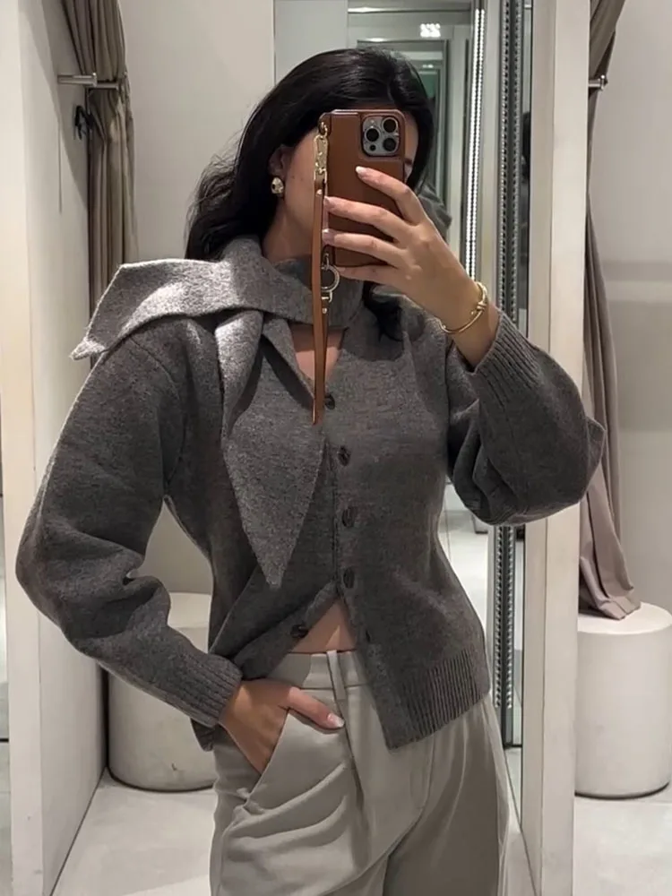 

HH женский весенне-осенний вязаный свитер с шарфом и воротником, однобортный однотонный повседневный кардиган с длинными рукавами, элегантные женские короткие пальто