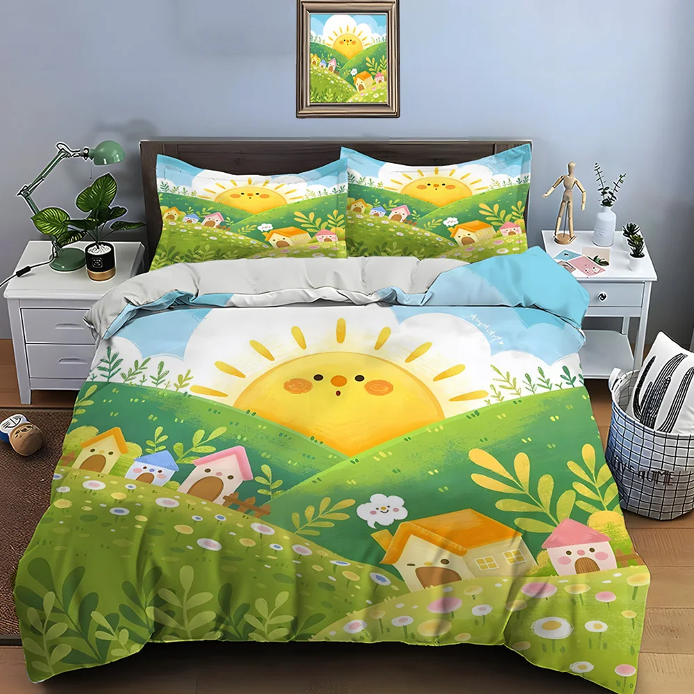 Cute fairytale landscape with sunny houses Print Bedding Set 1 Duvet Cover 2Pillowcases for Adult Children Luxury Gift Full Size