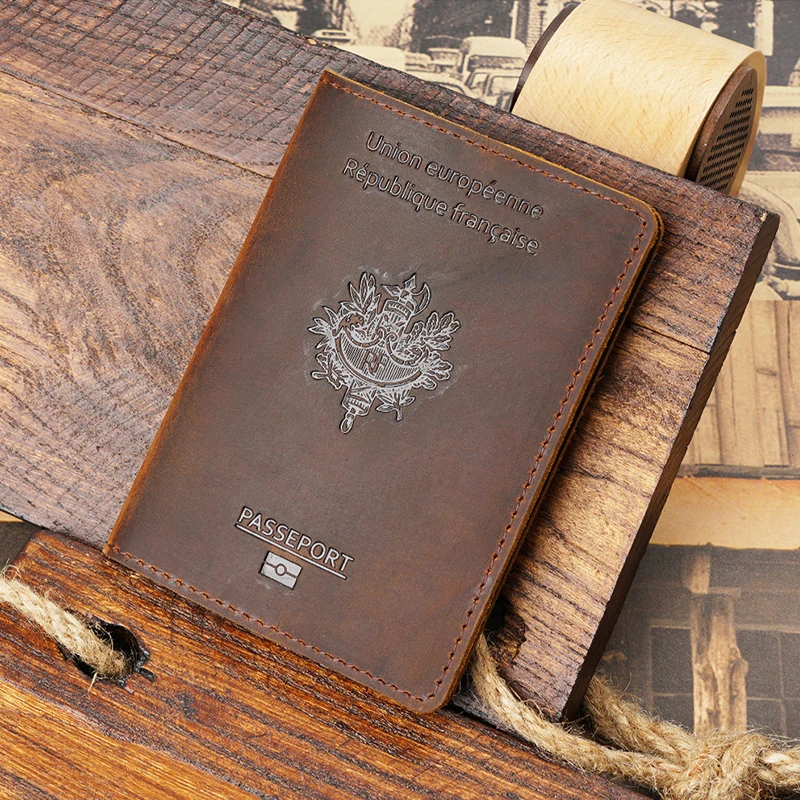 French Passport Holder Document Holder Layer Cowhide Vintage Boarding Card Leather Wallet Card Bag