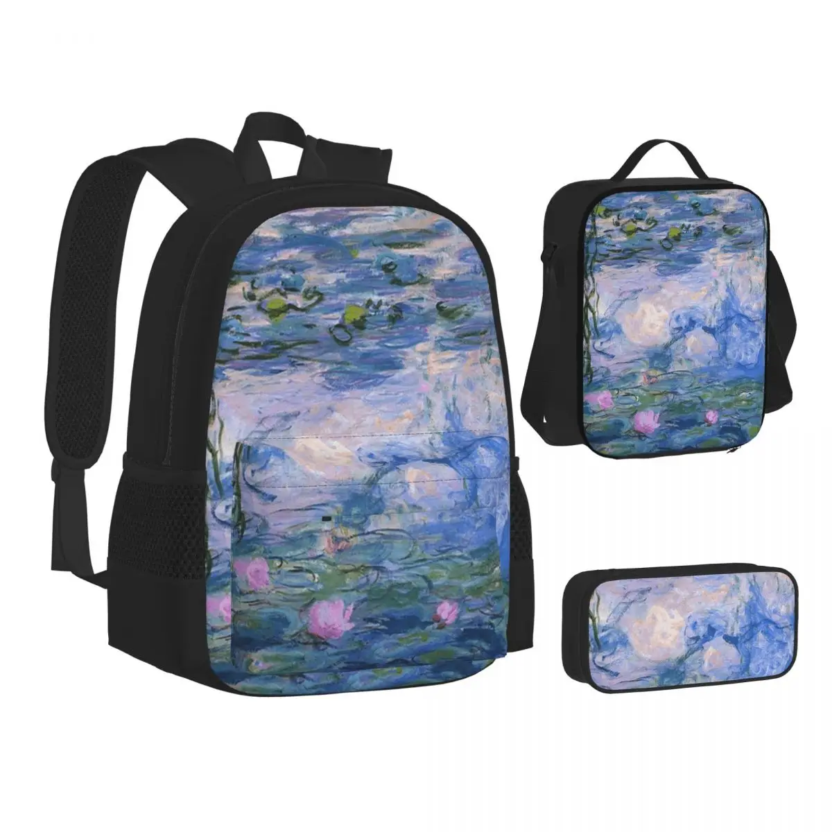 

Claude Monet - Water Lilies Backpacks Boys Girls Bookbag School Bags Kids Rucksack Lunch Bag Pen Bag Three-Piece Set