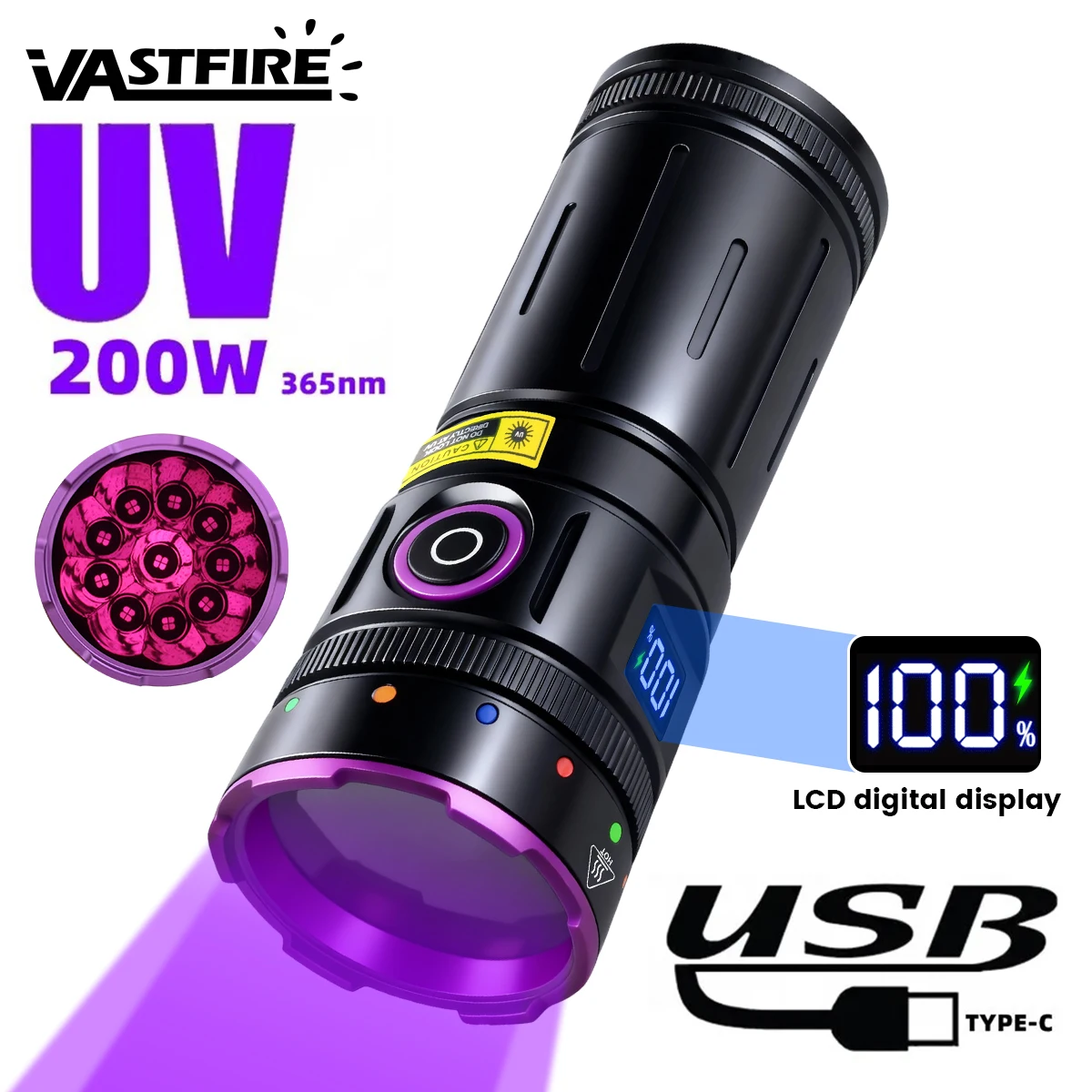 200W 10x LED 365nm UV Flashlight High power Blacklight Torch USB Rechargeable Pet Urine Stain Scorpion Money Fluorescent light