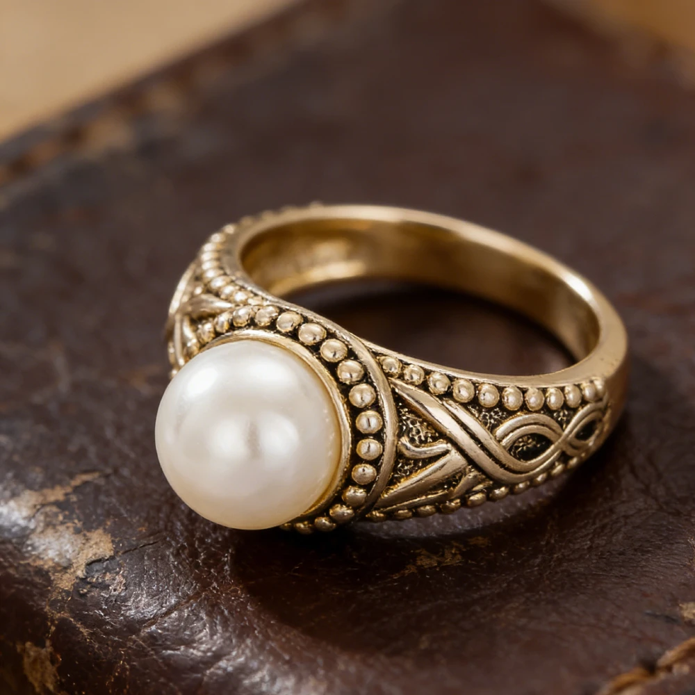 Huitan Damenring mit Imitationsperlen, luxuriös, für Hochzeit, Verlobung, elegantes Zubehör, goldfarben, ausgefallen, für Partys, trendiger Damenschmuck