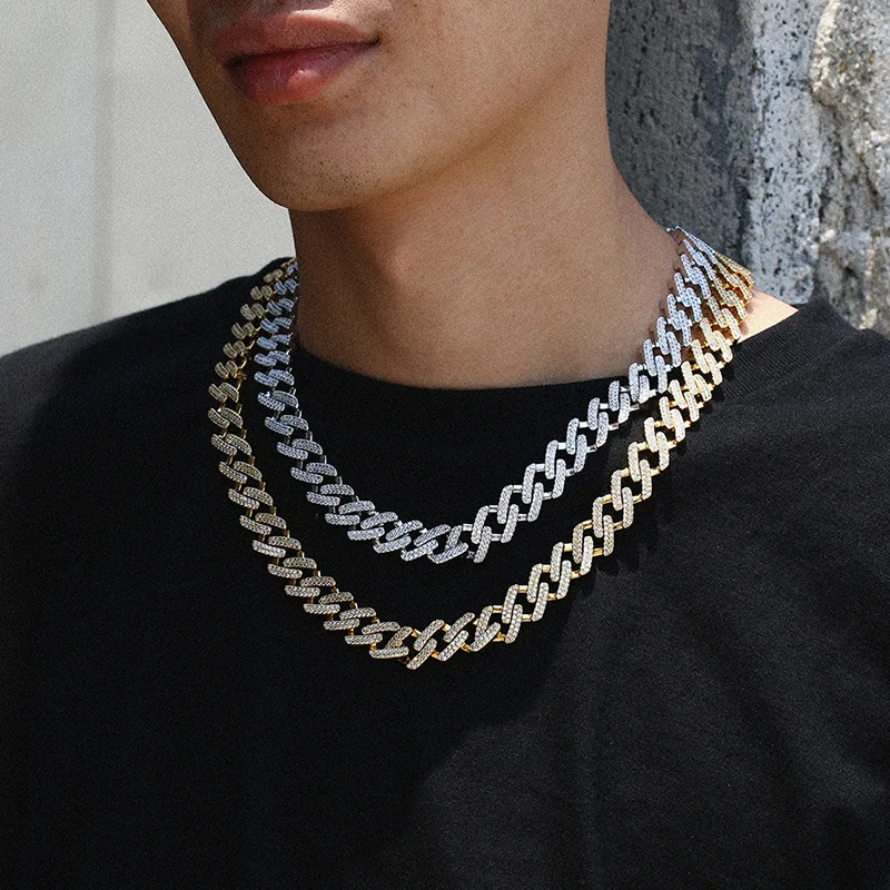 12mm Cuban Link Chain for Women Men 2 Row Rhinestone Rhombus Prong Cuban Necklaces Hip Hop Jewelry 18K Gold Plated Fine Gifts