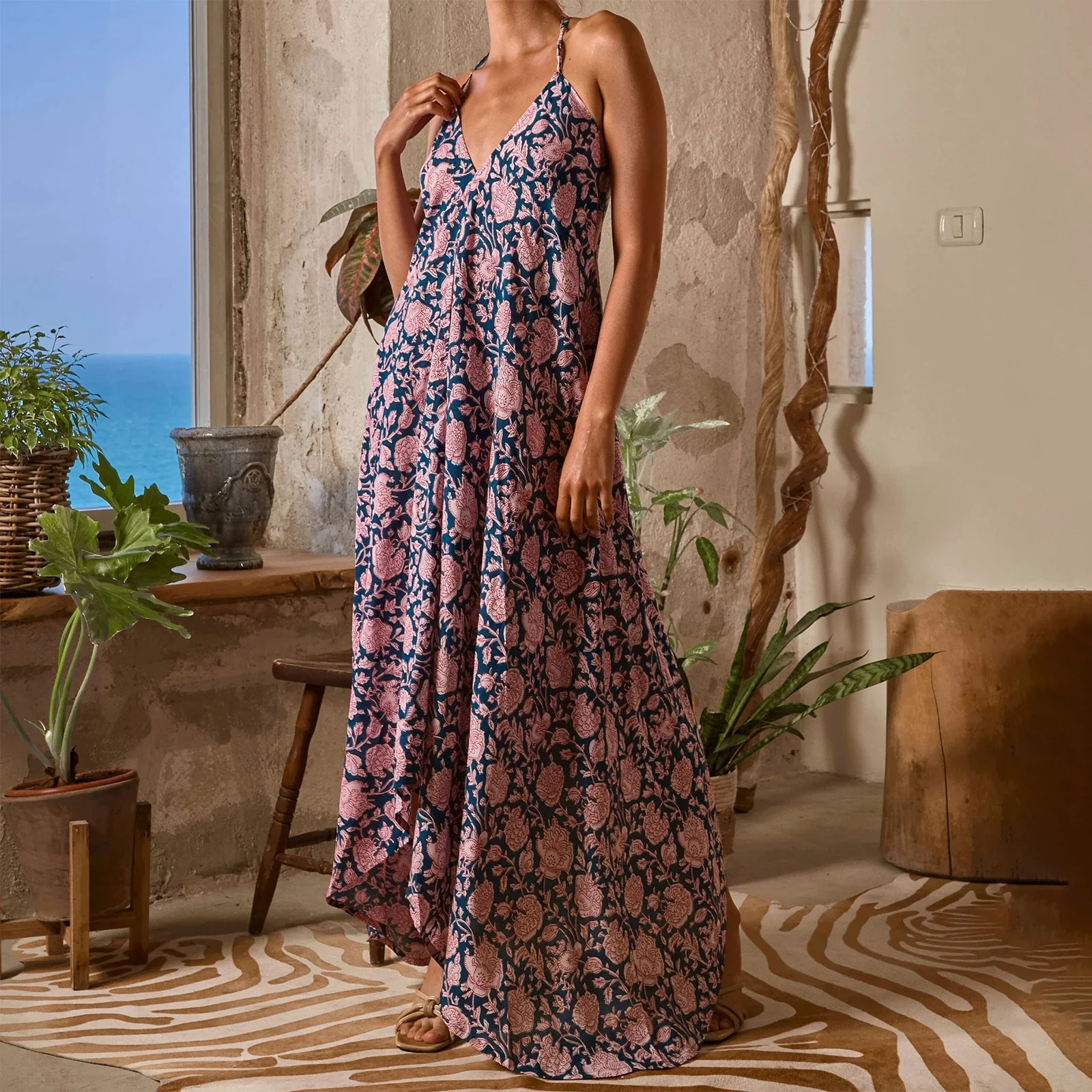 Combhasakiผู้หญิงLace-Up HalterลึกVคอBacklessความงามดอกไม้พิมพ์ฤดูร้อนหลวมA-Line Cami Slipชุดยาว