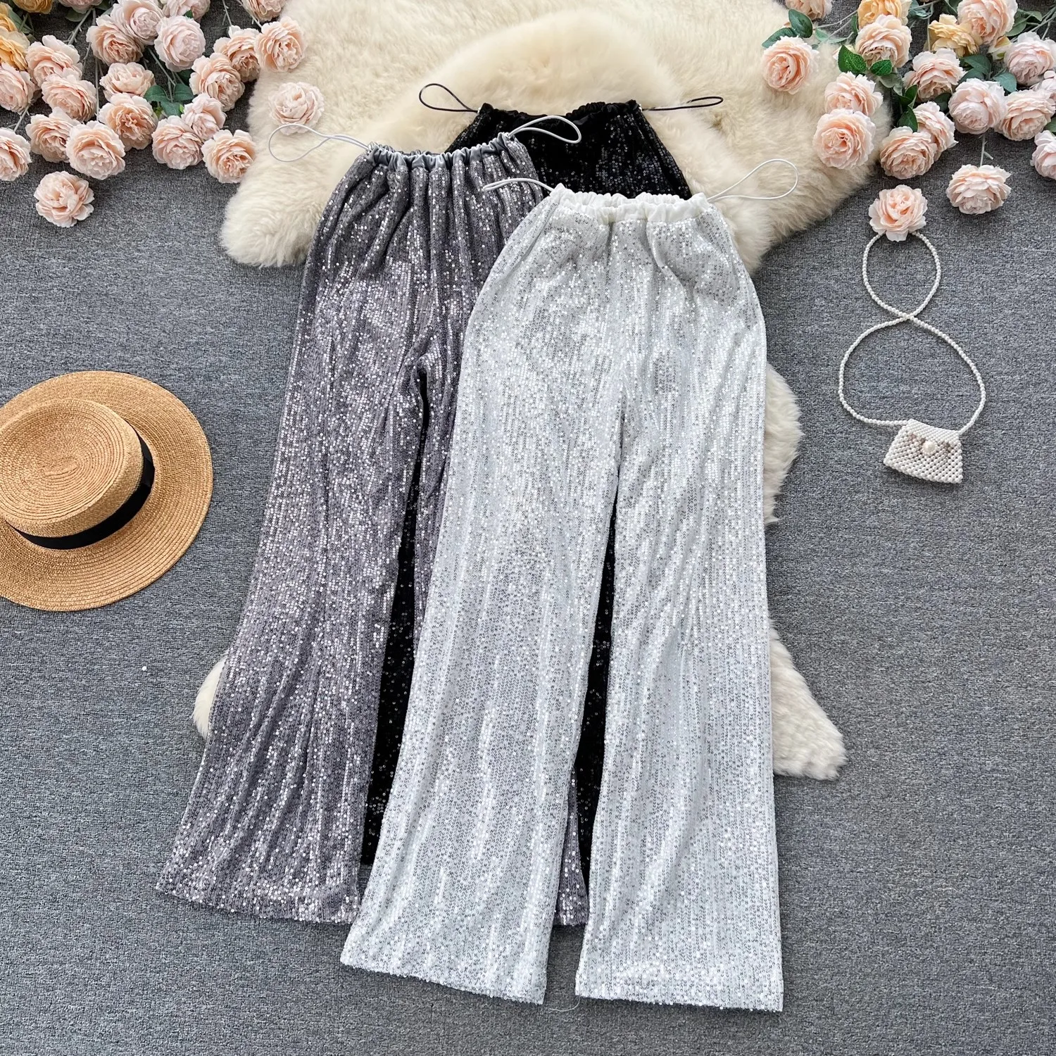 

Trendy Sparkling Sequin Pants Women Spring Autumn Drawstring Full Length Straight Wide Leg Trousers Femme Pantalon