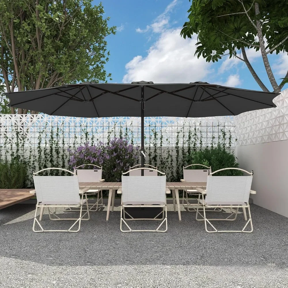 Parasol de terrasse avec base, 12 os, 12 pieds, rectangulaire, aluminium, manivelle, grand, double face, extérieur, jardin