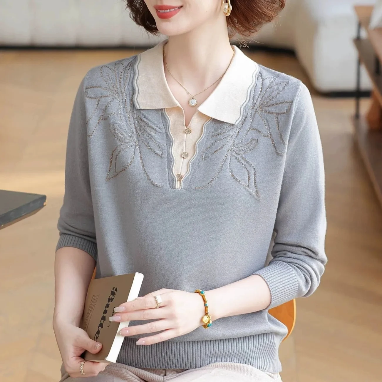 

Women's New Splicing Socket POLO Collar Buttons Fashionable Solid Color Loose Versatile Casual Long-sleeved Knitted Sweater