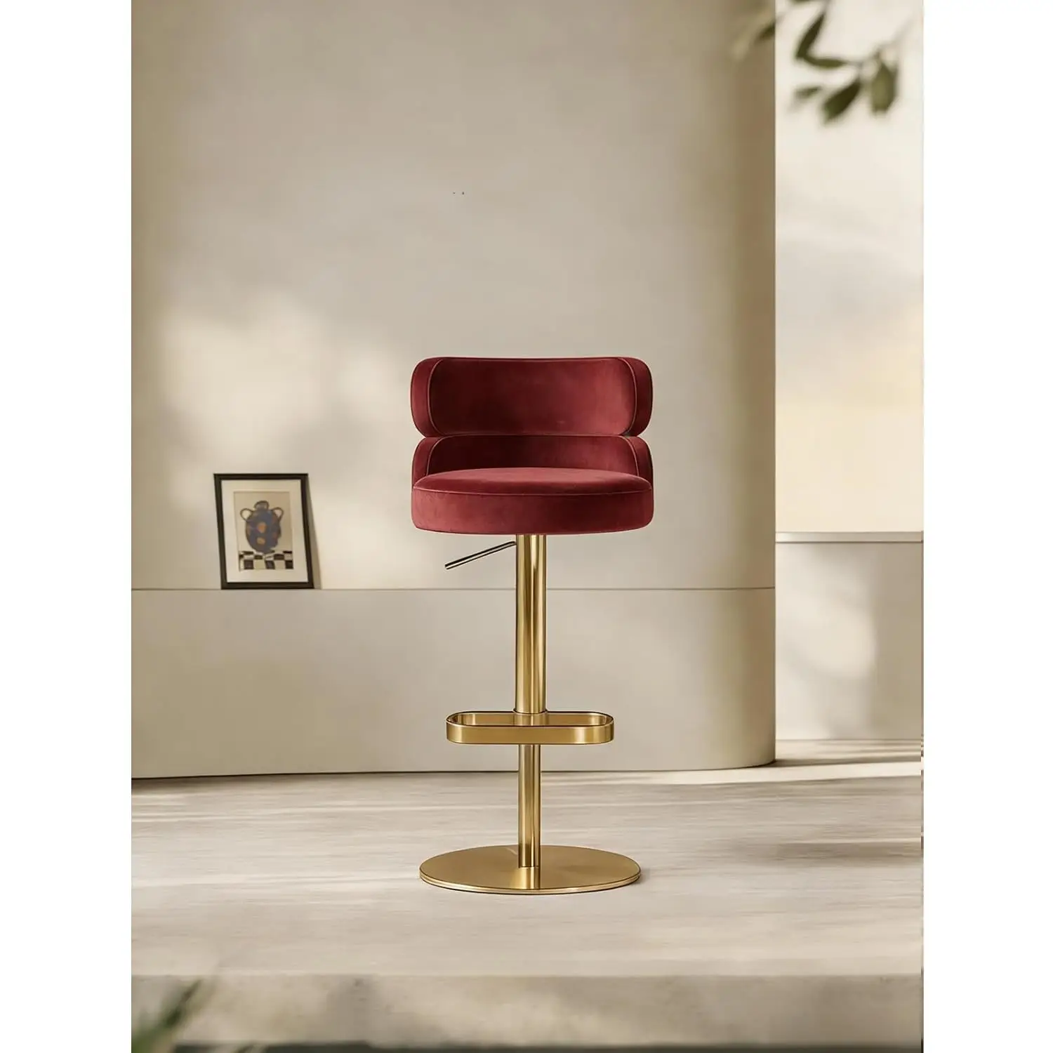

Modern Swivel Counter Height Bar Stool With Back Adjustable Velvet Upholstered Gold Metal Base Red 1 Pc, Customized