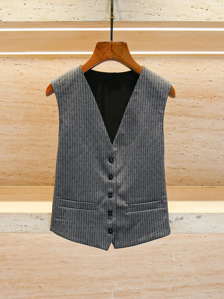 

ay Stripe Beaded Suit Vest Women's Retro High-End Faion M Home South Oil Commute Sle Polyester Fiber ort Length