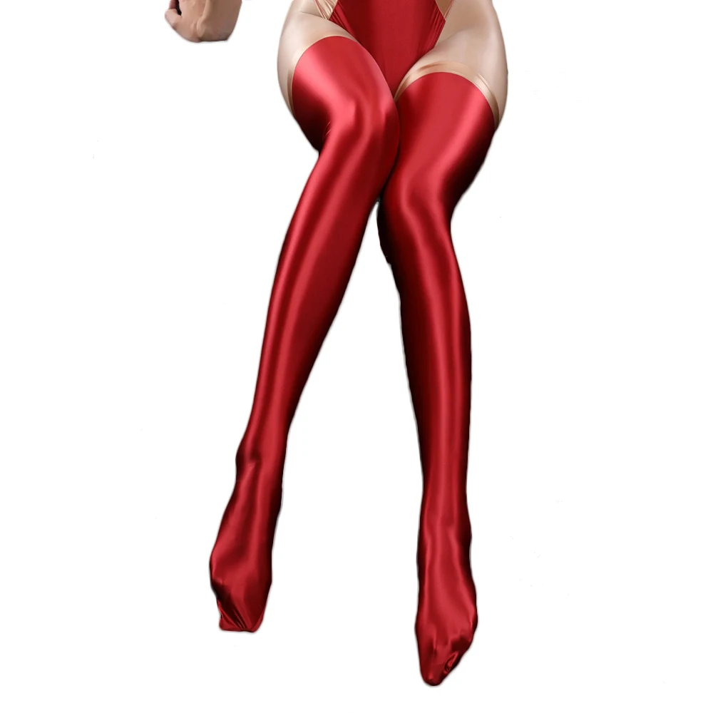 Sexy Women Patchwork Oil Glossy Shiny High Stocking Satin Smooth Vintage Tight Shaping Stockings Overknee Dance Wear