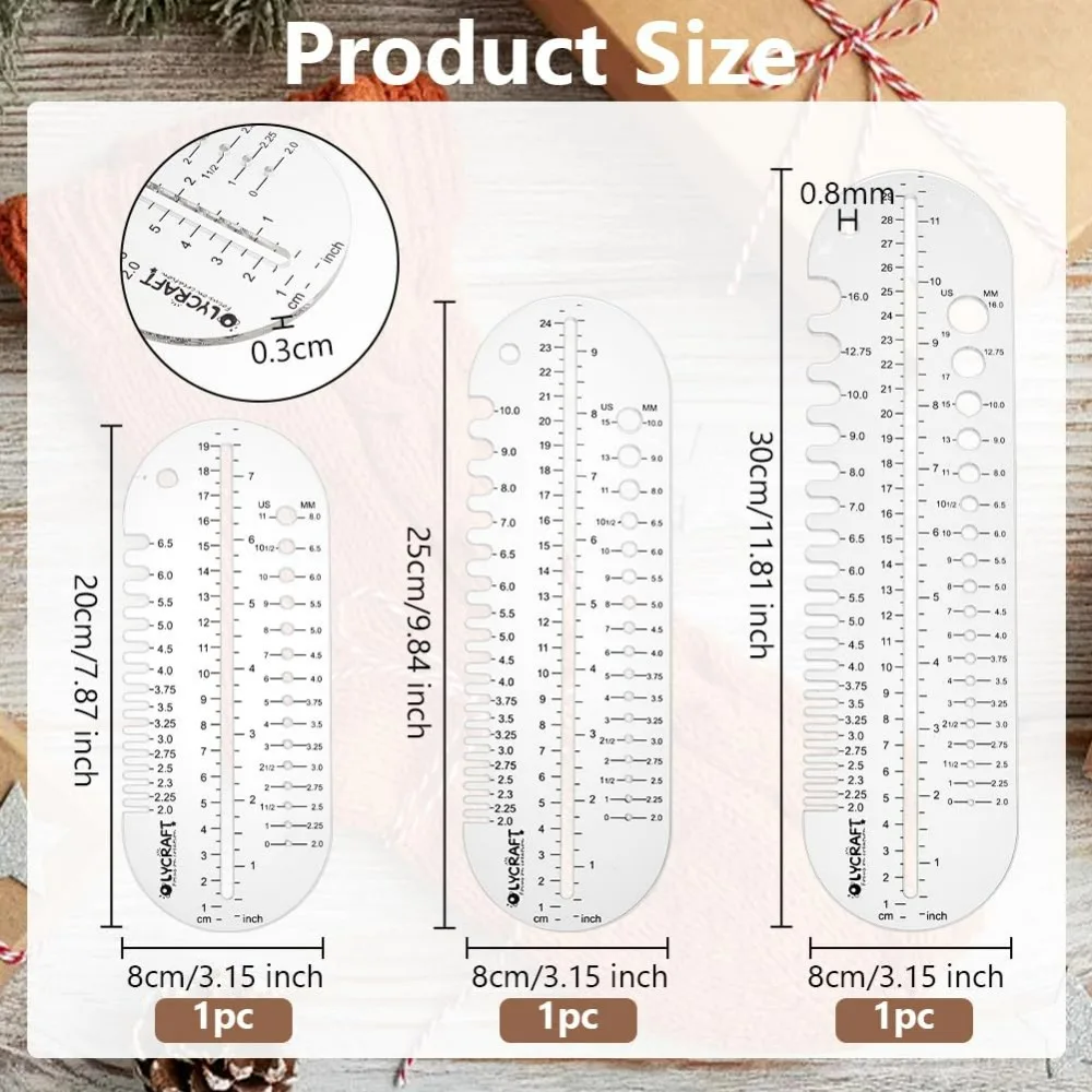 3Pcs Sock Ruler Knitting Crochet Size Measurement Hook Gauge 7/9/11 Inch Clear Acrylic Crochet Ruler Needle Knitting Gauge