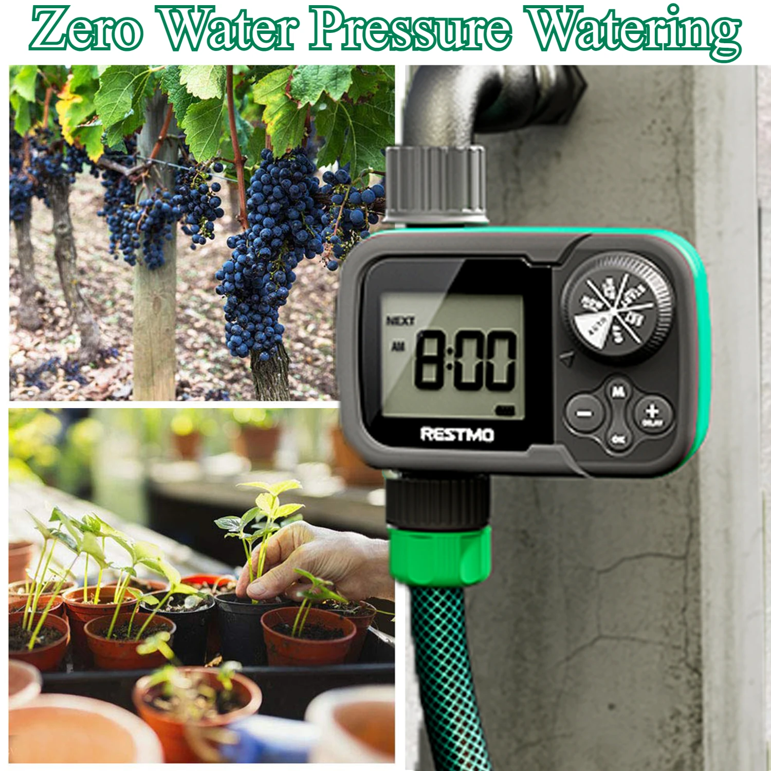 Temporizador de Riego Multifuncional con Función de Riego a Presión Cero, Resistente al Agua IP54, para Barriles de Lluvia y Césped